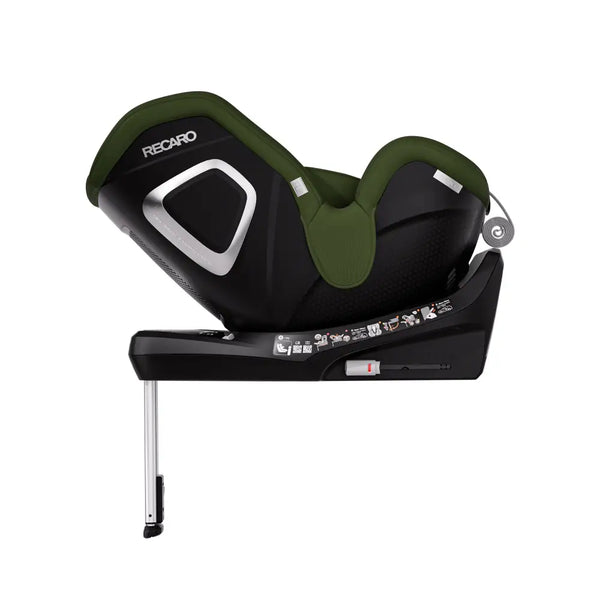 Epic Green TORON seat, reclined rear-facing side view with silver support leg extended.