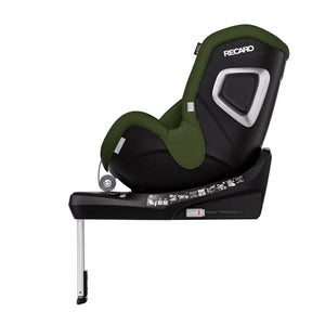 Epic Green TORON seat, forward-facing side view showing silver-trimmed shell, black base and support leg.