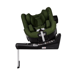 Epic Green TORON 1, rotated on its black base with padded insert, harness, side attachment and support leg.