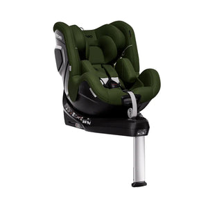 Epic Green TORON 1, opposite angled view with padded insert, harness, silver-trimmed shell and support leg