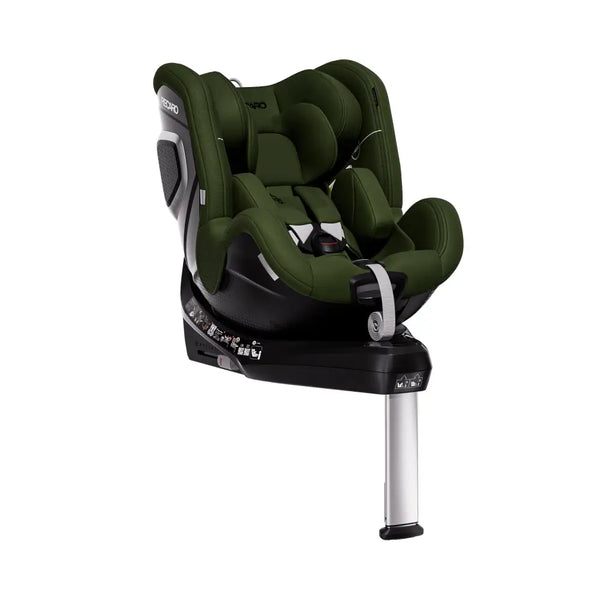 Epic Green TORON 1, opposite angled view with padded insert, harness, silver-trimmed shell and support leg