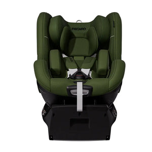 Recaro TORON 1 in Epic Green, front view with padded insert, shoulder harness, buckle and grey adjustment strap.