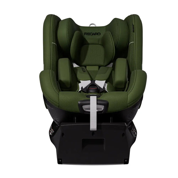 Recaro TORON 1 in Epic Green, front view with padded insert, shoulder harness, buckle and grey adjustment strap.