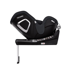 Fresh Black TORON seat, reclined rear-facing side view with silver support leg extended.