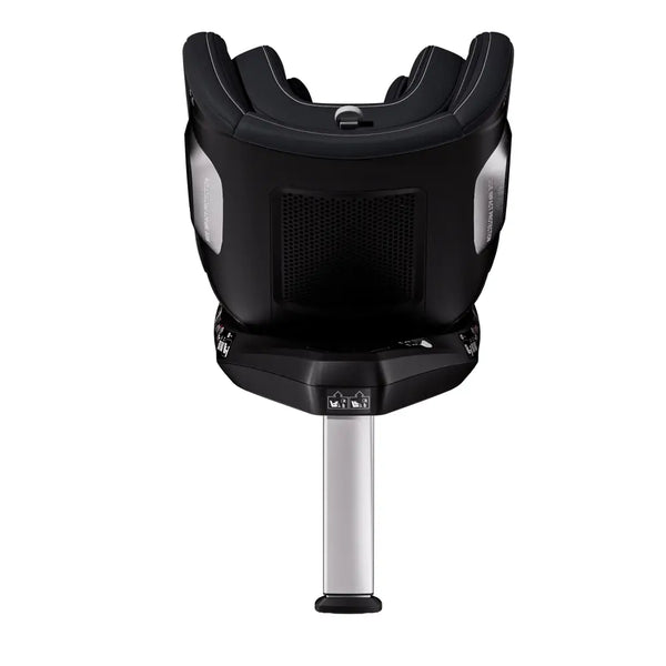 Fresh Black TORON seat, rear view showing the black shell, ventilation panel and extended silver support leg.