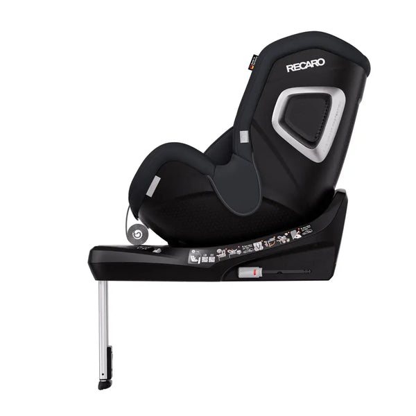 Fresh Black TORON seat, forward-facing side view showing silver-trimmed shell, black base and extended support leg.