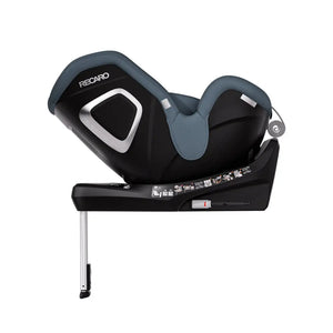 Recaro TORON 1 in Gallant Grey, reclined rear-facing side view with silver support leg extended