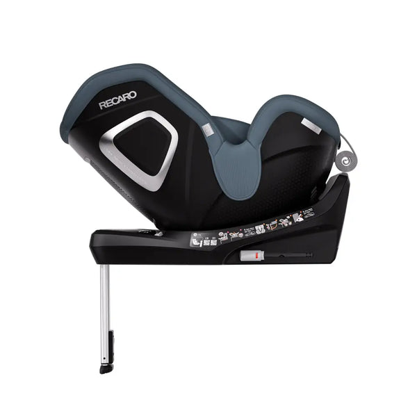 Recaro TORON 1 in Gallant Grey, reclined rear-facing side view with silver support leg extended
