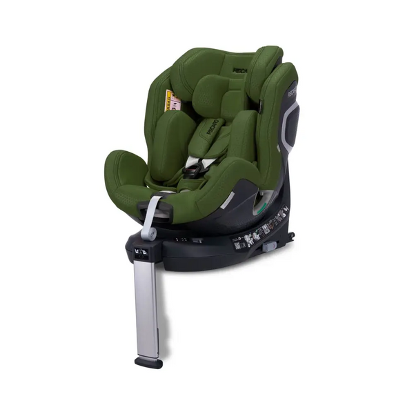Epic Green XENON 1, angled front view with padded insert, harness, black base and extended silver support leg.