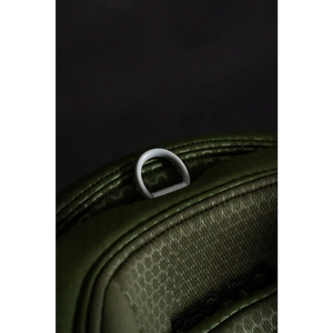 Close-up of the grey fabric loop at the top of the Epic Green XENON 1 headrest.