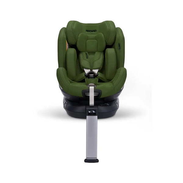 Recaro XENON 1 in Epic Green, front view with padded insert, harness and extended silver support leg.