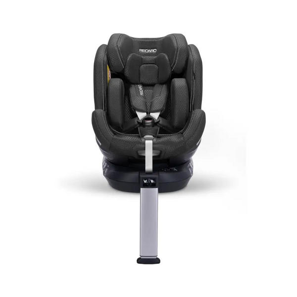 Recaro XENON 1 in Fresh Black, front view with padded insert, harness and extended silver support leg.
