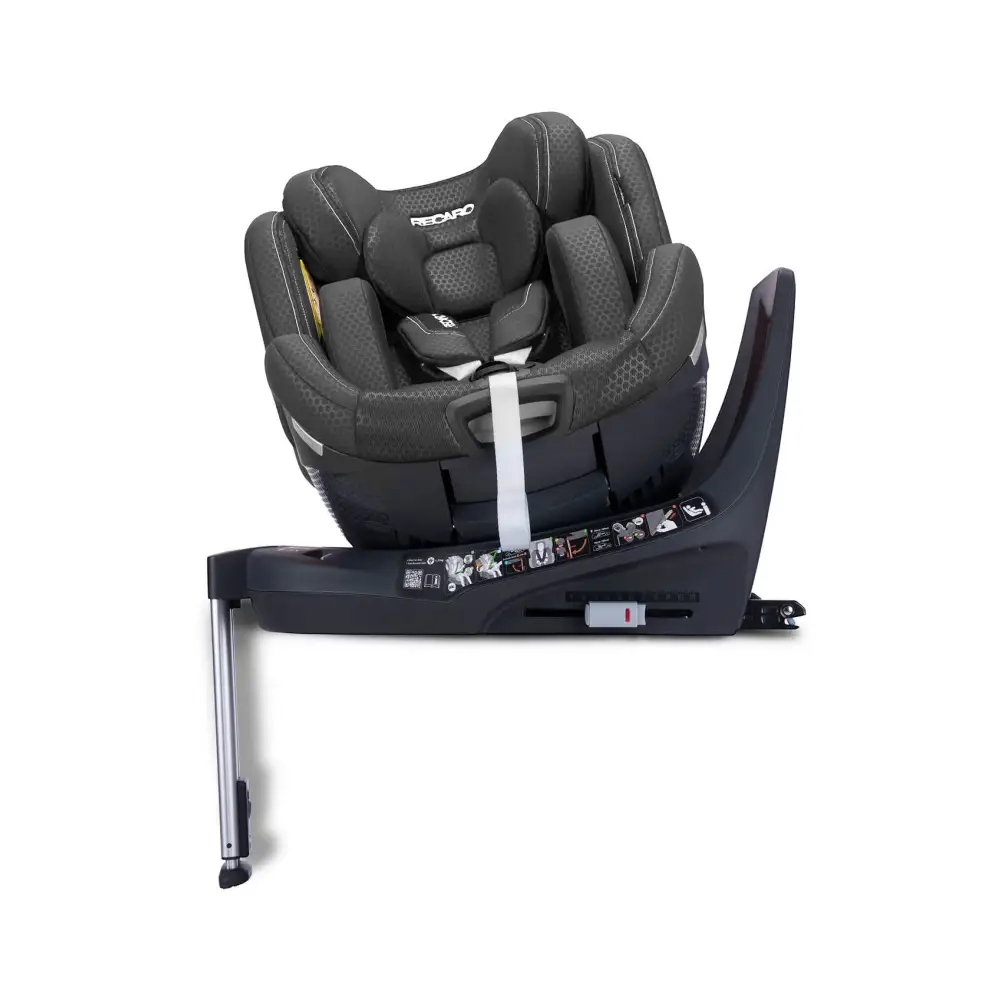 Fresh Black XENON 1, rotated on its black base with padded insert, harness and silver support leg extended.