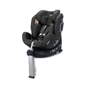 Fresh Black XENON 1, angled front view with padded insert, harness, black base and extended silver support leg.