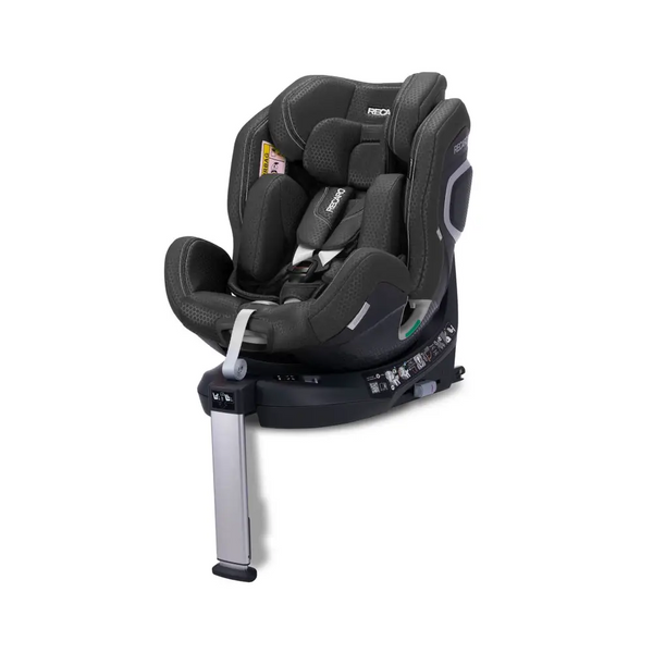 Fresh Black XENON 1, angled front view with padded insert, harness, black base and extended silver support leg.