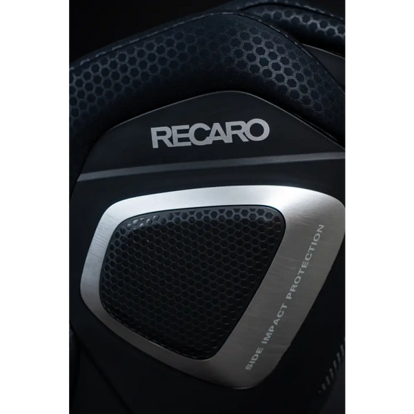 Close-up of the Fresh Black XENON 1’s silver-trimmed side panel labelled Side Impact Protection.