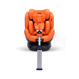 Recaro XENON 1 in Vibrant Orange, front view with padded insert, harness and extended silver support leg.