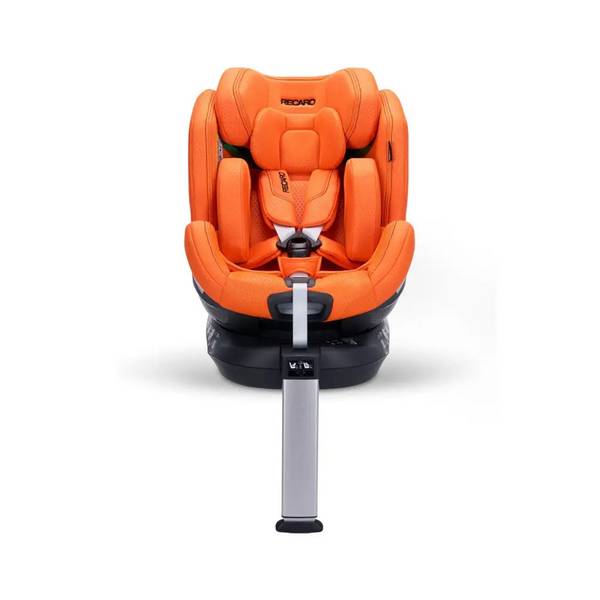 Recaro XENON 1 in Vibrant Orange, front view with padded insert, harness and extended silver support leg.