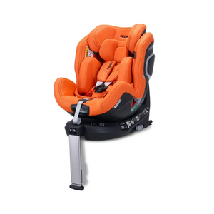 Vibrant Orange XENON 1, angled front view with padded insert, harness, black base and extended silver support leg.