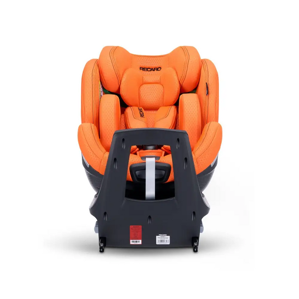 Vibrant Orange XENON 1 with padded insert and harness, viewed across the tall black panel at the end of its base.