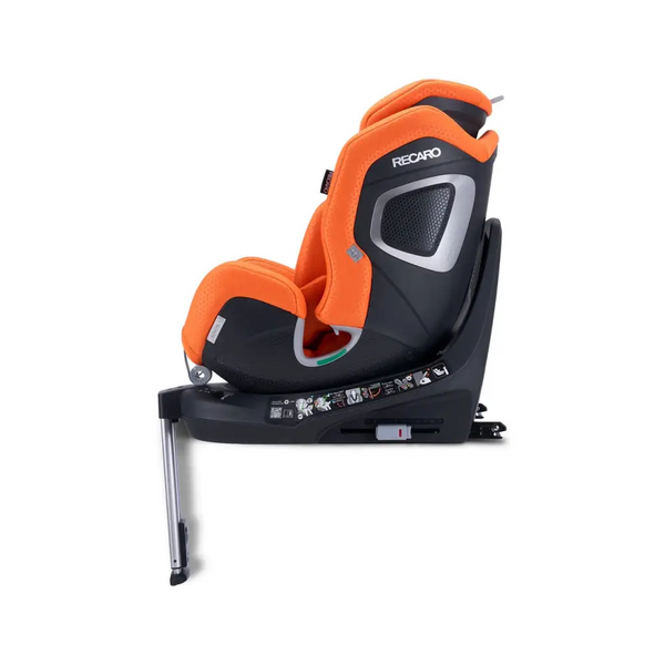 Vibrant Orange XENON 1, upright side view showing silver-trimmed shell, black base and extended support leg.