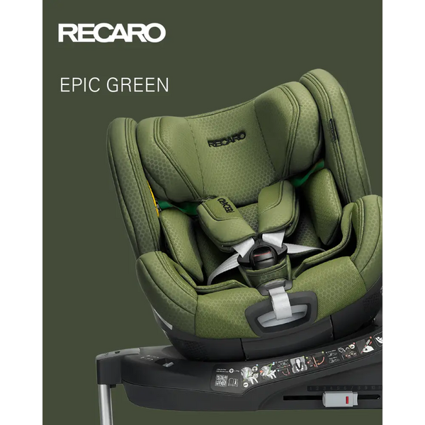 Recaro XENON 1 KID promotional graphic labelled Epic Green, showing the rotated seat with padded harness.