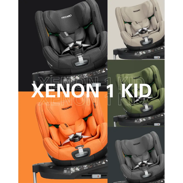 XENON 1 KID collage showing Fresh Black, Elegant Beige, Epic Green, Vibrant Orange and grey seats.