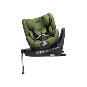 Recaro Epic Green XENON 1 KID, rotated on its black base with padded harness and extended silver support leg.