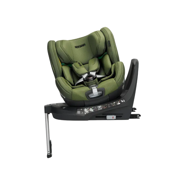 Recaro Epic Green XENON 1 KID, rotated on its black base with padded harness and extended silver support leg.