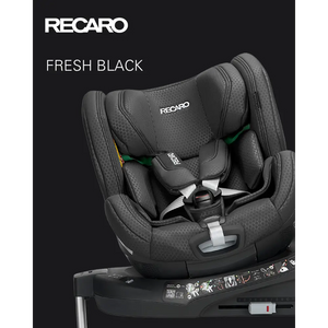 Recaro XENON 1 KID promotional graphic labelled Fresh Black, showing the rotated seat with padded harness.
