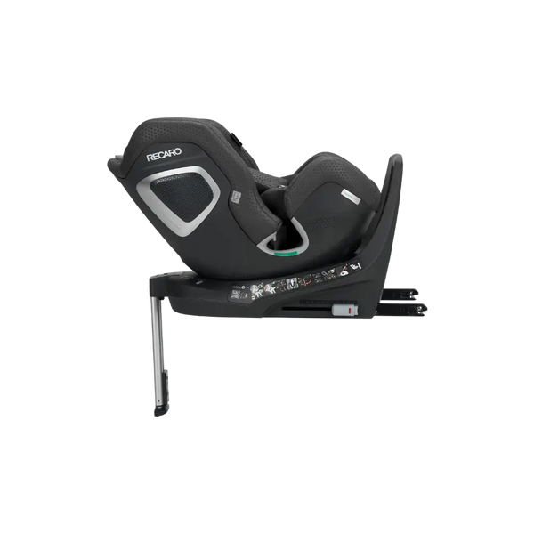 Fresh Black XENON 1 KID, reclined side view showing silver-trimmed shell and extended support leg.