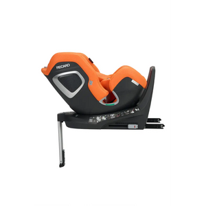 Vibrant Orange XENON 1 KID, reclined side view showing silver-trimmed shell and extended support leg.