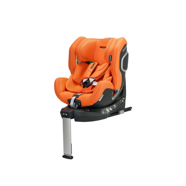 Vibrant Orange XENON 1 KID, angled front view with padded harness, black base and extended silver support leg.
