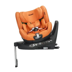 Vibrant Orange XENON 1 KID, rotated on its black base with padded harness and extended silver support leg.