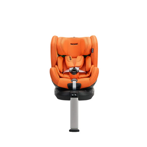 Recaro XENON 1 KID in Vibrant Orange, front view with padded harness and extended silver support leg.