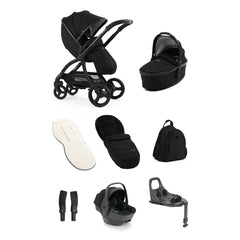 Black stroller and matching carrycot with sleek modern design from Egg3 Panther Black Luxury Bundle with car seat and base