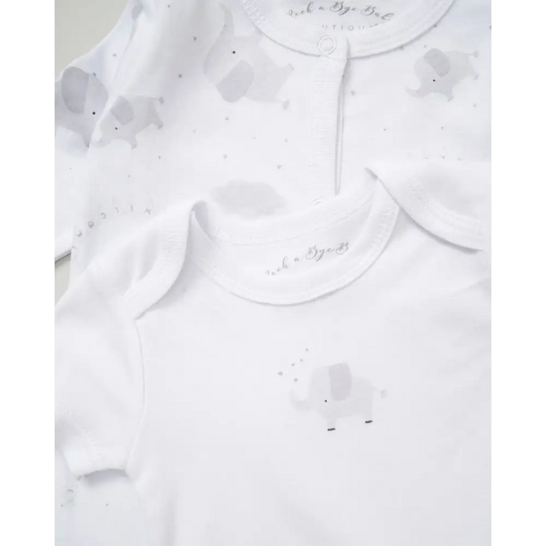 Unisex Baby “Little One Elephant” 5 Piece Layette Set – White & Grey
